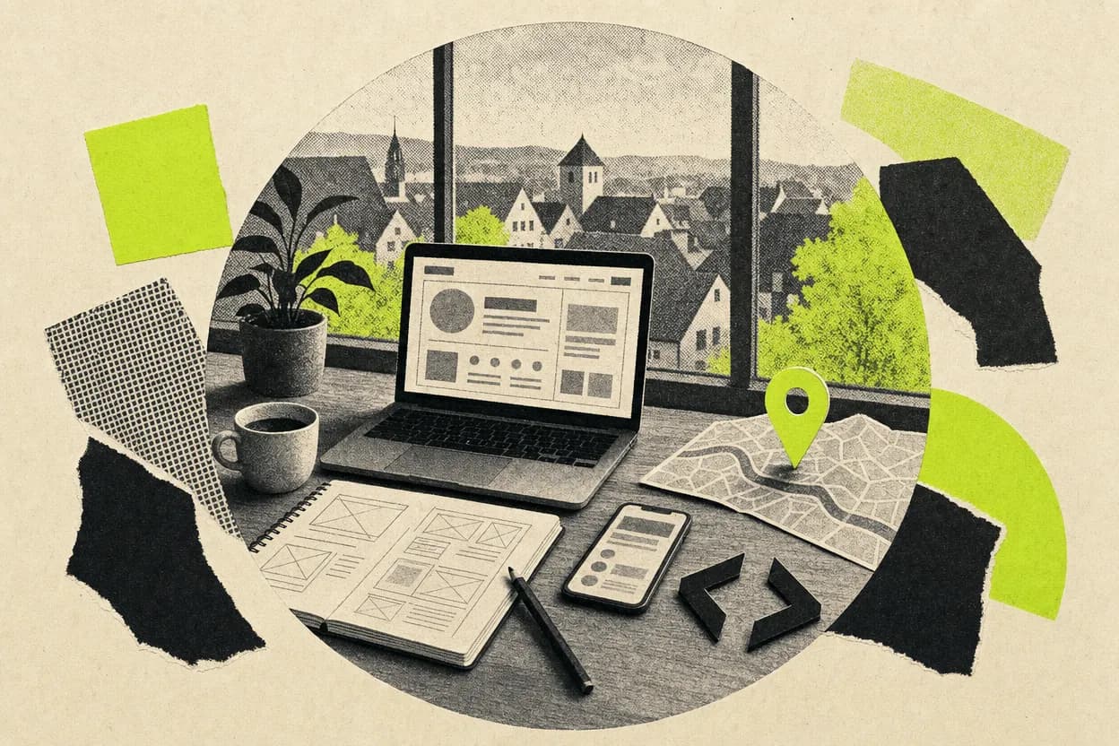 Collage: Schreibtisch mit Laptop, Skizzen und Kaffee vor einem Fenster mit Blick auf die Dächer einer Kleinstadt