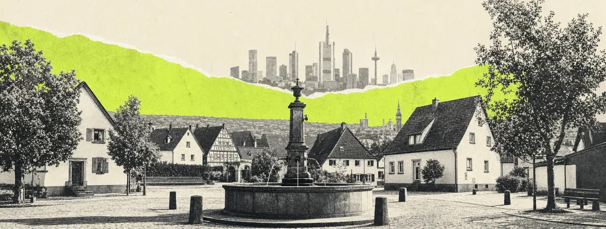 Collage: Kleinstadt mit Fachwerkhäusern und Brunnen, im Hintergrund die Frankfurter Skyline