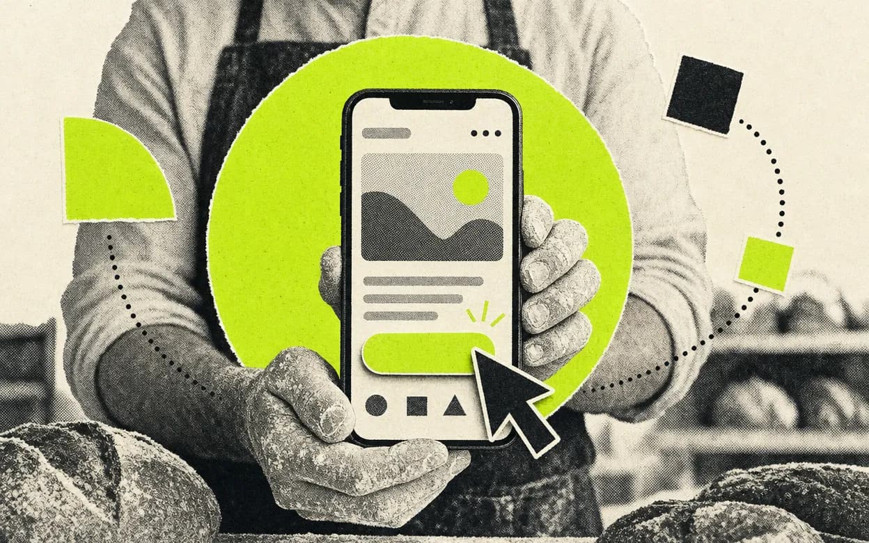 Bäcker hält ein Smartphone mit seiner neuen Website in die Kamera, ein Mauszeiger klickt auf den Anfrage-Button