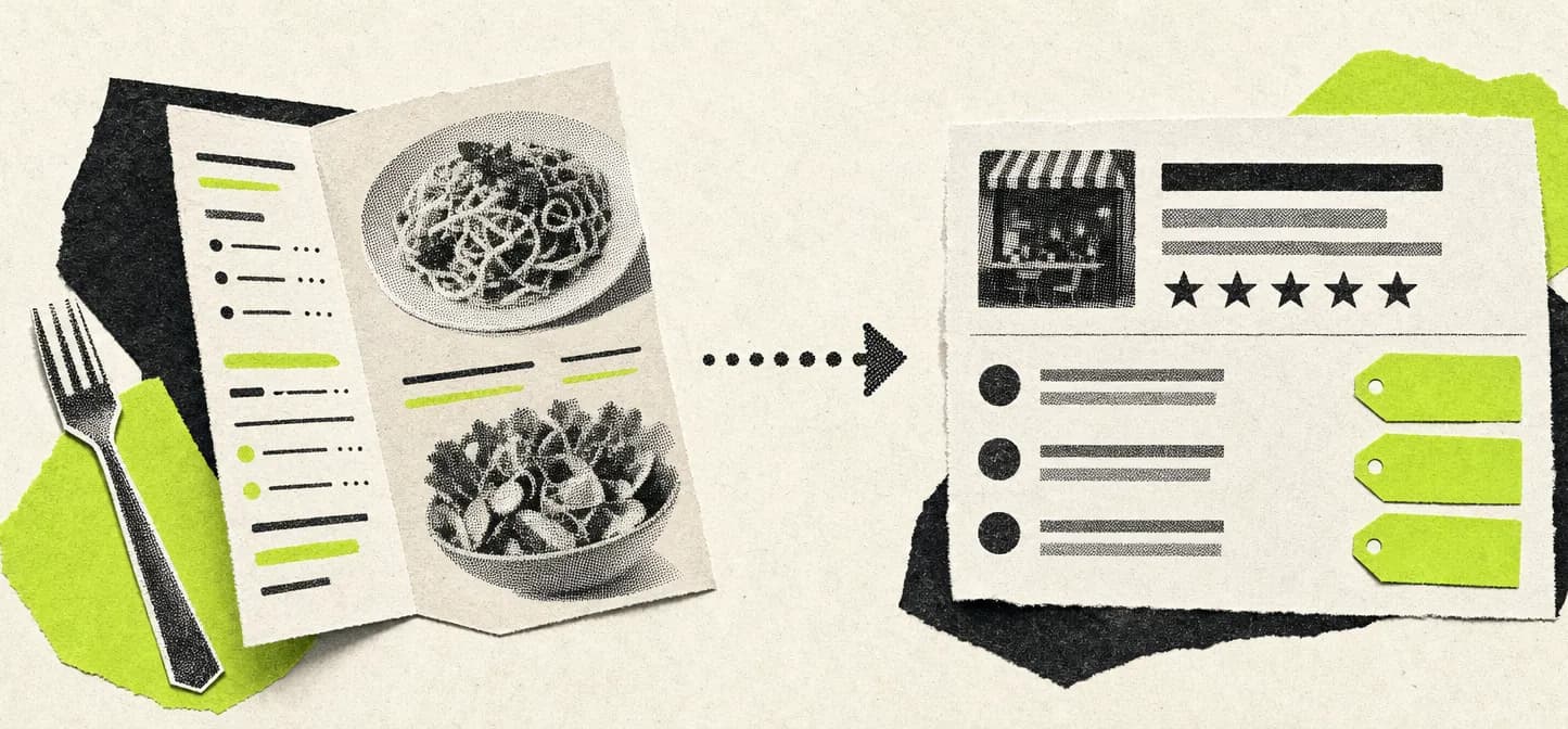 Eine gedruckte Speisekarte wird zum Google-Suchergebnis mit Sternebewertung und Preisschildern